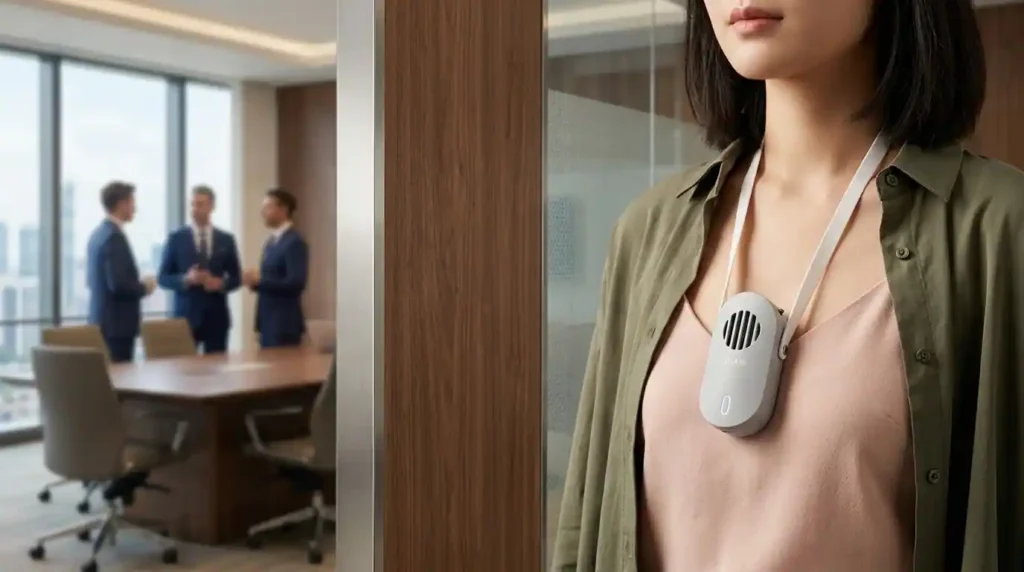 Air Purifier Guide showing wearable air purifier device used around neck in office environment