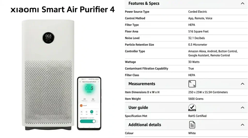 Xiaomi Smart Air Purifier 4 best air purifier India with HEPA filter and smart app control for large rooms