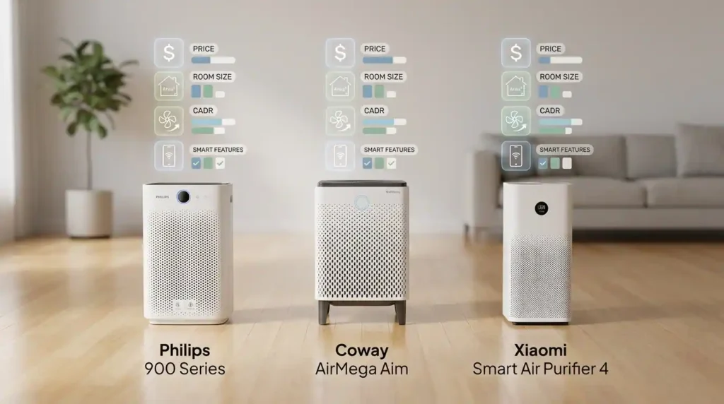 Air purifier comparison in India showing Philips, Coway and Xiaomi features and performance differences