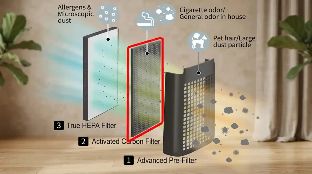 Air Purifier Guide showing 3 stage filtration system with pre filter, activated carbon filter and true HEPA filter