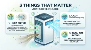 Air Purifiers Guide infographic showing HEPA filter CADR and room size as key factors for choosing air purifier