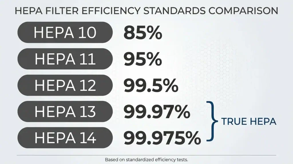 Air Purifiers Guide showing HEPA filter efficiency comparison from HEPA 10 to HEPA 14 with filtration percentages