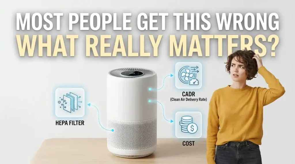 thumbnail showing modern air purifier with HEPA CADR icons and confused buyer decision concept