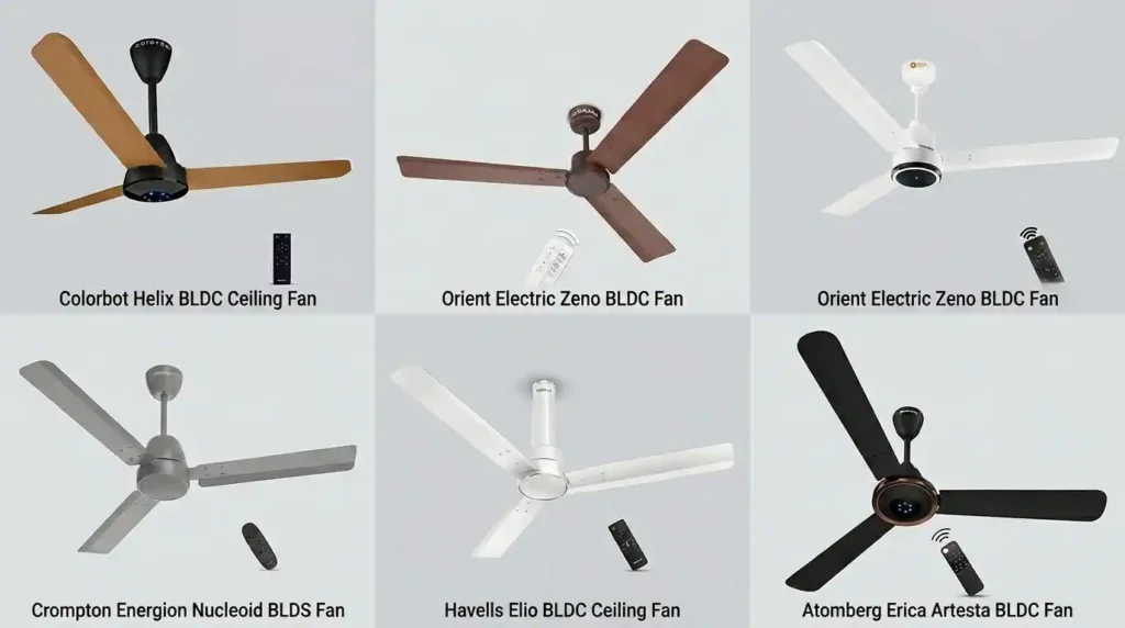 Best BLDC Ceiling Fans 2026 comparison featuring Colorbot Helix, Orient Electric Zeno, Crompton Energion Nucleoid, Havells Elio, and Atomberg Erica Artesta BLDC ceiling fans with remote controls.