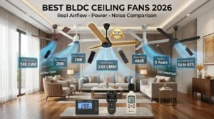 Best BLDC ceiling fans 2026 comparison showing multiple ceiling fans tested for airflow, power consumption, noise levels, and energy efficiency.