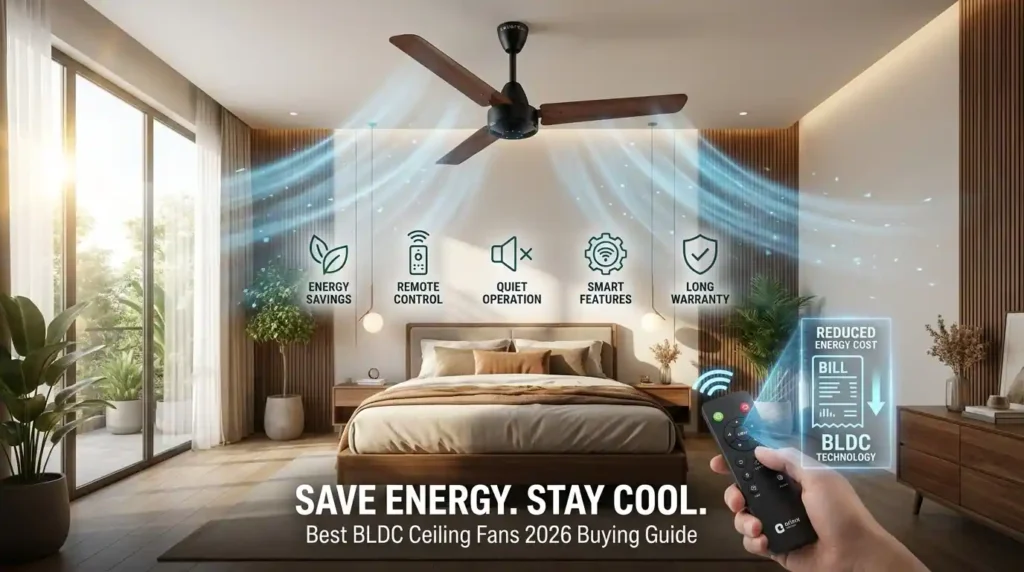 Modern bedroom featuring an energy-efficient BLDC ceiling fan with remote control and electricity savings benefits.