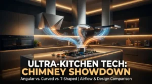 Modern modular kitchen with premium auto-clean kitchen chimneys and smoke suction visualization for a kitchen chimney buying guide.