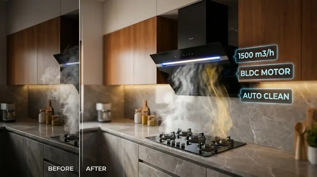 Best kitchen chimney in India 2026 comparison featuring angular, curved, and BLDC auto-clean kitchen chimneys in a modern modular kitchen.