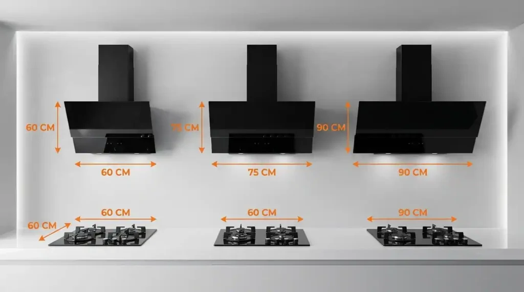 chimney size guide showing 60 cm, 75 cm, and 90 cm kitchen chimney dimensions matched with different stove sizes in a modern modular kitchen.