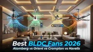 BLDC ceiling Fans comparison featuring Atomberg, Orient, Crompton, and Havells smart ceiling fans in a modern Indian living room.