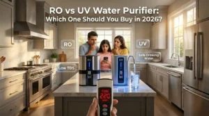 Family comparing RO and UV water purifiers in a modern kitchen while checking water TDS for safe drinking water.