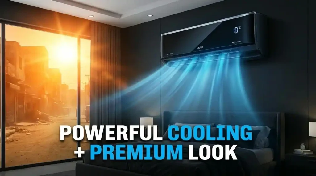 Cruise 1.6 Ton 3 Star Split AC review showing powerful cooling airflow and premium black split AC design in a modern bedroom