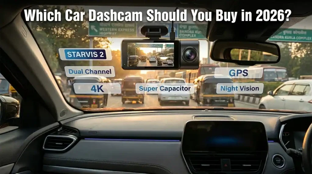 Dual-channel car dashcams installed inside a car recording traffic on Indian roads.