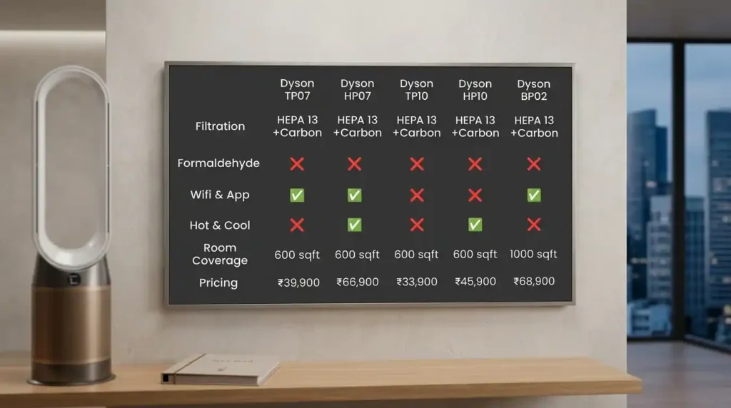 comparing Dyson air purifier models with features filtration coverage and pricing