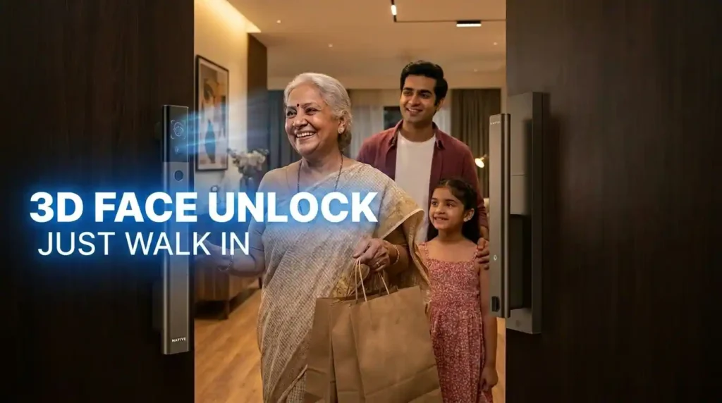 Family using Urban Company Native Lock Ultra face unlock smart lock at home entrance