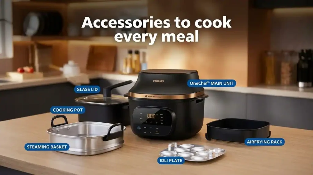 Philips OneChef Review image showing the main unit with accessories including cooking pot, steaming basket, idli plate, glass lid, and air frying rack.