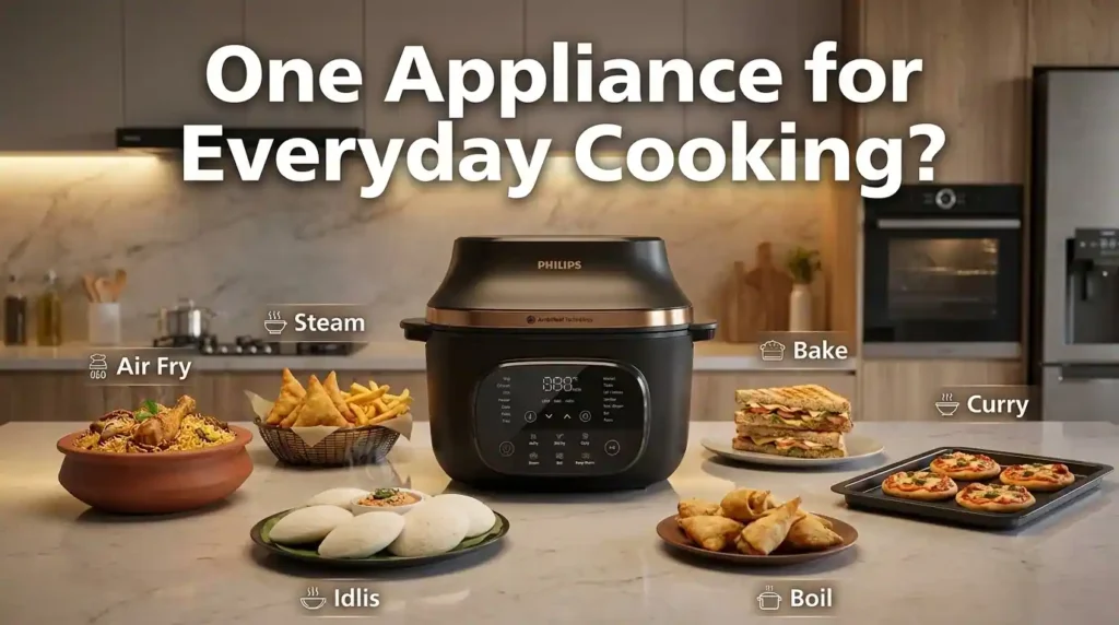Philips OneChef multi cooker featured image showing the appliance replacing an air fryer, rice cooker, OTG, steamer, and toaster in a modern kitchen.