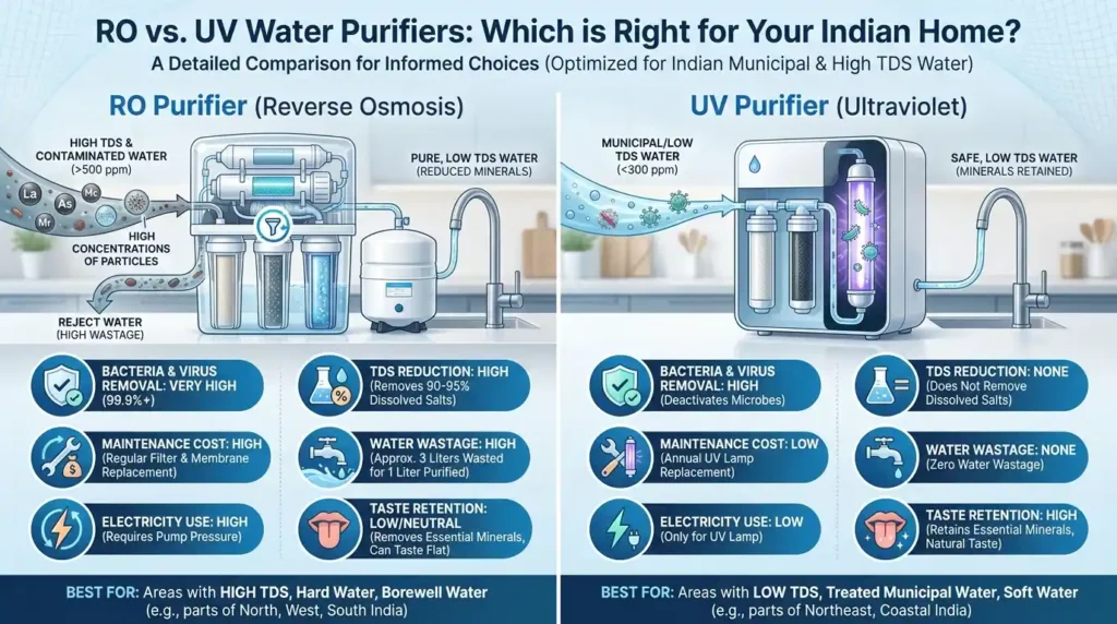 RO vs UV water purifier comparison infographic showing TDS, filtration, and maintenance differences.