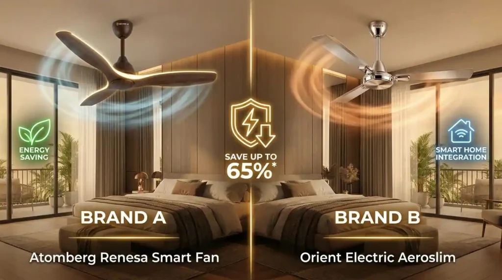 BLDC ceiling fans comparison showing Atomberg Renesa Smart and Orient Electric Aeroslim in a modern bedroom with energy-saving and smart home features.