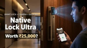 Urban Company Native Lock Ultra smart lock with 3D face unlock, camera, and video doorbell installed on a modern home entrance