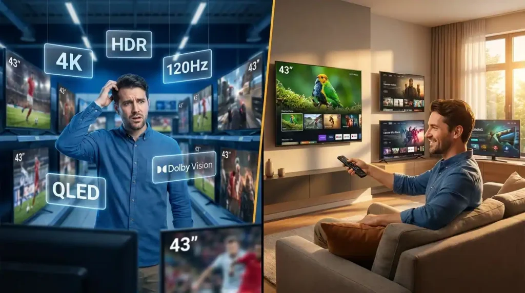 Comparison of the best 43 inch TVs in India for 2026, featuring multiple 4K and QLED smart TVs displayed side by side for buyers.