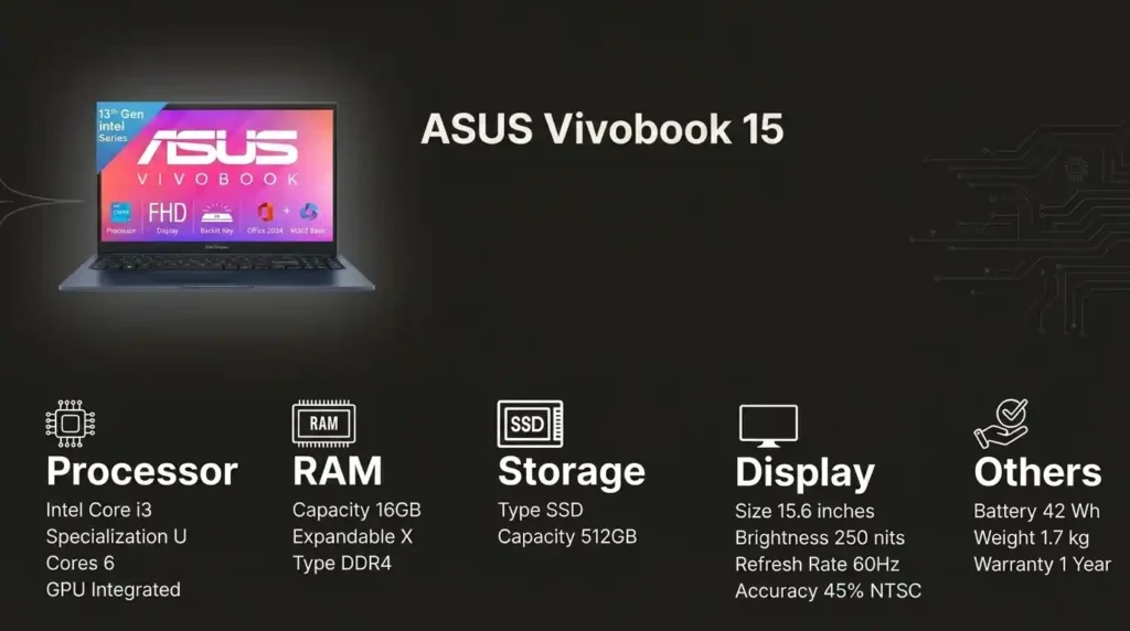 Specification overview of the ASUS Vivobook 15 laptop featuring an Intel Core i3 processor, 16GB RAM, 512GB SSD storage, and a 15.6-inch Full HD display.