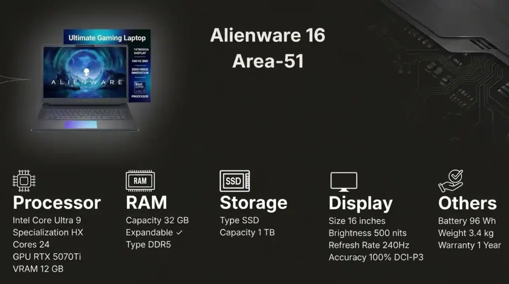 Alienware 16 Area-51 gaming laptop featuring an Intel Core Ultra 9 HX processor, RTX 5070 Ti graphics, 32GB DDR5 RAM, 1TB SSD storage, and a 240Hz display.