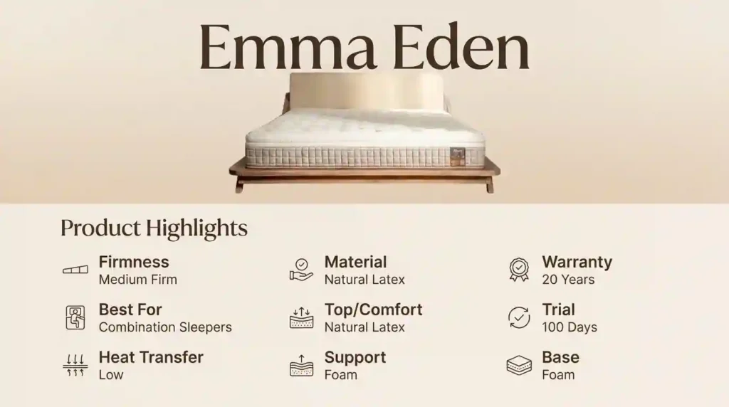 Emma Eden mattress overview featuring a medium-firm feel, natural latex comfort layer, foam support core, low heat transfer, 100-night trial, and 20-year warranty for combination sleepers.