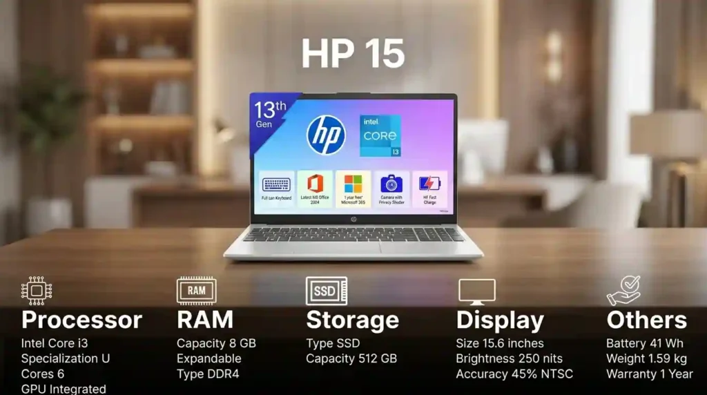 HP 15 laptop specification overview featuring a 13th Gen Intel Core i3 processor, 8GB RAM, 512GB SSD storage, and a 15.6-inch display.