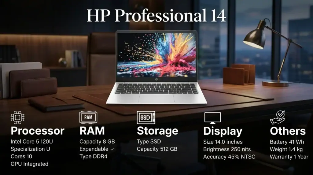HP Professional 14 laptop specification overview featuring an Intel Core 5 processor, 8GB RAM, 512GB SSD storage, and a 14-inch display in a business workspace.