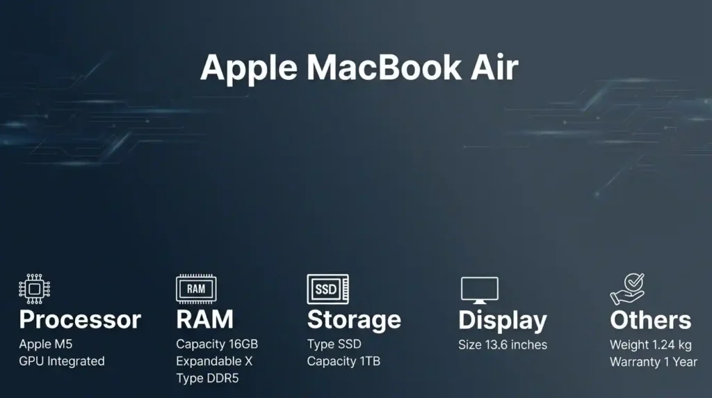 Apple MacBook Air specification overview featuring an Apple M5 processor, 16GB RAM, 1TB SSD storage, and a lightweight design for productivity and everyday use.