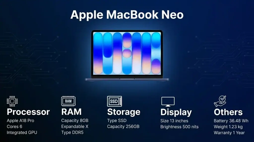 Apple MacBook Neo specification overview featuring an Apple A18 Pro processor, 8GB RAM, 256GB SSD storage, and a 13-inch display.