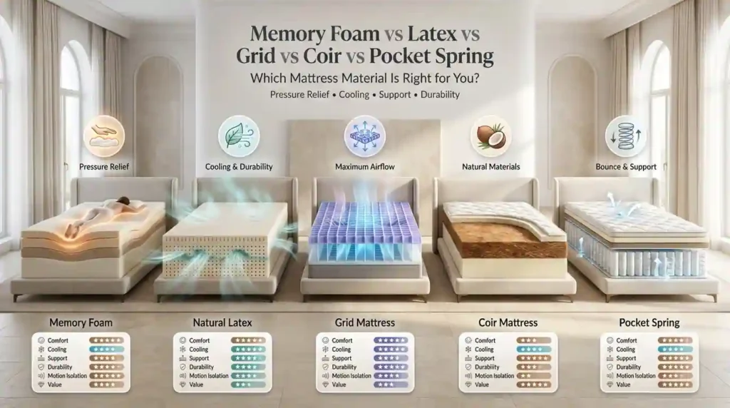 A mattress material comparison infographic showing memory foam, natural latex, grid, coir, and pocket spring mattresses with visual ratings for comfort, cooling, support, durability, motion isolation, and overall value.