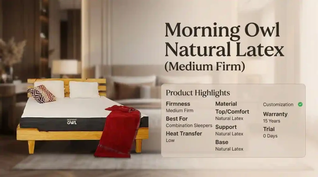 Morning Owl Natural Latex Medium Firm mattress overview featuring natural latex comfort, support, and base layers, medium-firm feel, low heat transfer, and suitability for combination sleepers.