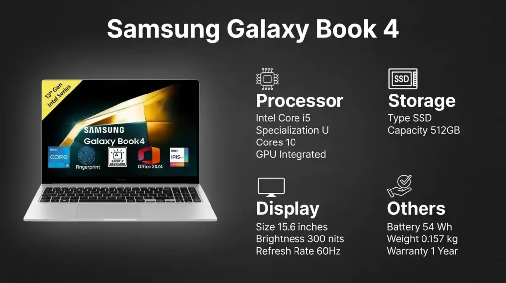 Samsung Galaxy Book 4 laptop specification overview featuring a 13th Gen Intel Core i5 processor, 512GB SSD storage, fingerprint reader, and a 15.6-inch display.