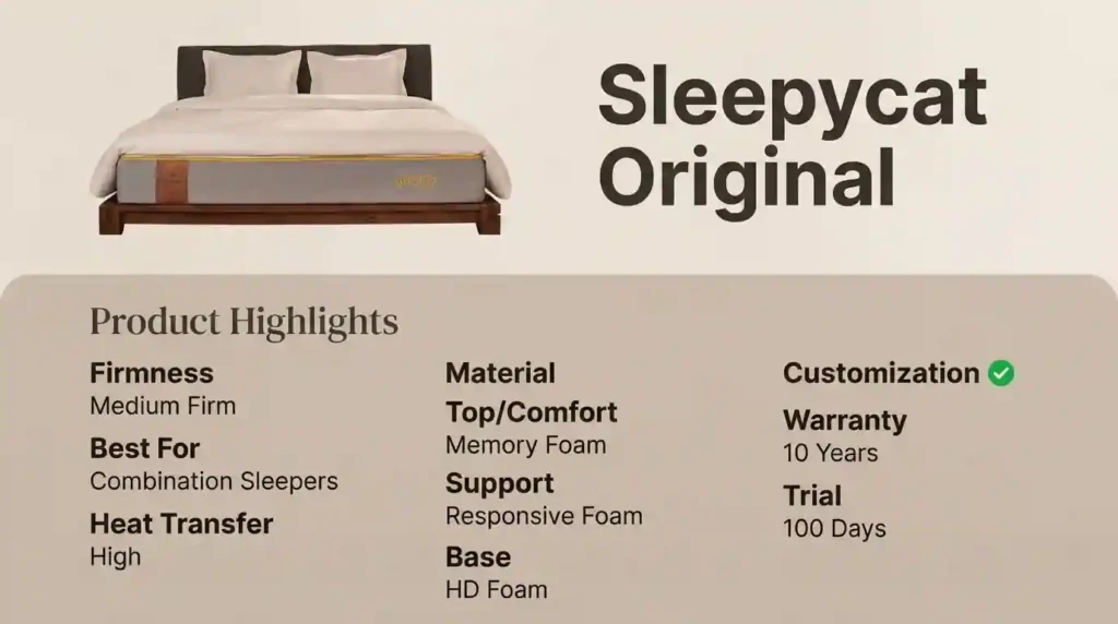 SleepyCat Original mattress overview featuring a medium-firm feel, memory foam comfort layer, responsive foam support system, HD foam base, and suitability for combination sleepers.
