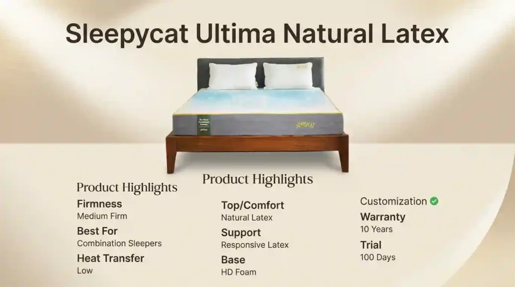 SleepyCat Ultima Natural Latex mattress overview featuring a medium-firm feel, natural latex comfort layer, responsive latex support system, HD foam base, low heat transfer, and suitability for combination sleepers.