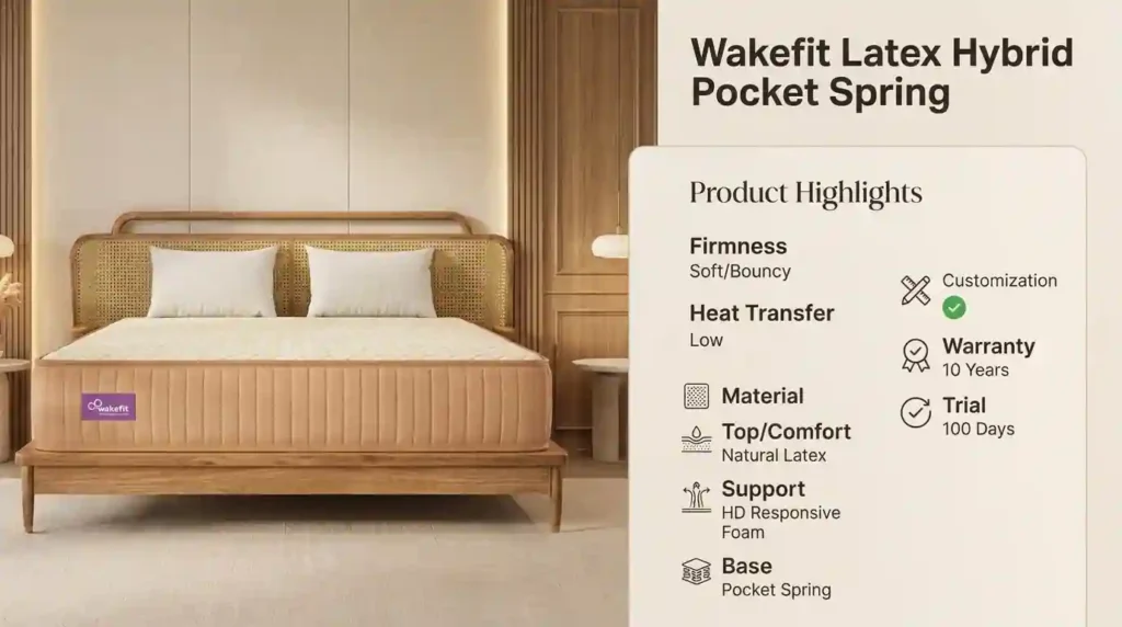 Wakefit Latex Hybrid Pocket Spring mattress overview featuring a natural latex comfort layer, pocket spring base, soft and bouncy feel, low heat transfer, and a 100-night trial.
