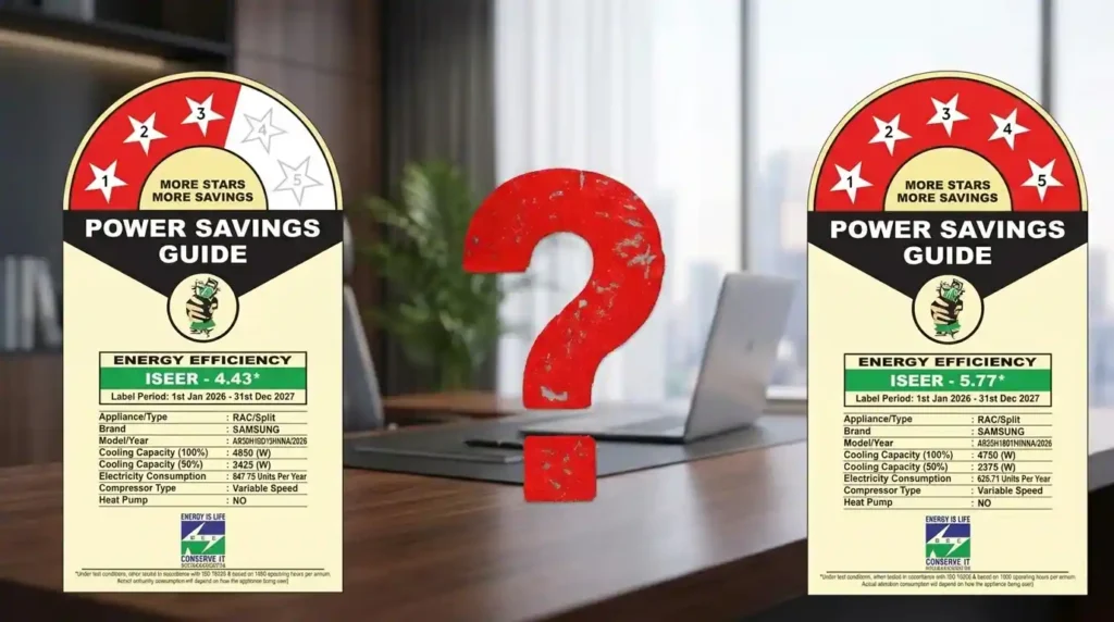 3 Star vs 5 Star AC Energy efficiency labels displayed side by side, comparing annual electricity consumption, ISEER ratings, and power savings to help buyers choose the right air conditioner.