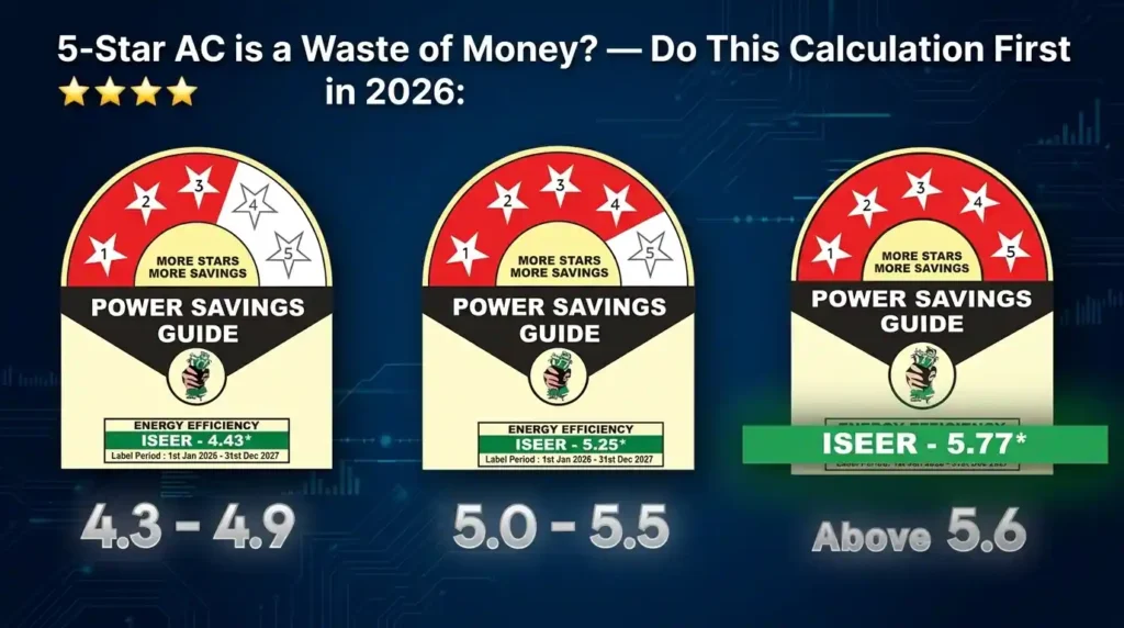 Comparison chart showing AC energy-efficiency ratings with ISEER ranges for different star categories, helping buyers understand energy performance and electricity-saving potential before purchasing an air conditioner.