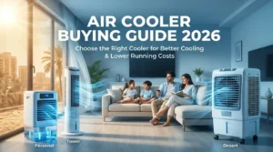 Air Cooler Buying Guide 2026 showing personal, tower, and desert air coolers in a modern home with cooling airflow effects and summer heat outside.