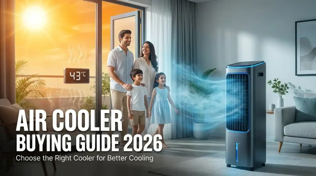 Air Cooler Buying Guide 2026 showing a family enjoying cool airflow from an air cooler inside a home during hot summer weather.