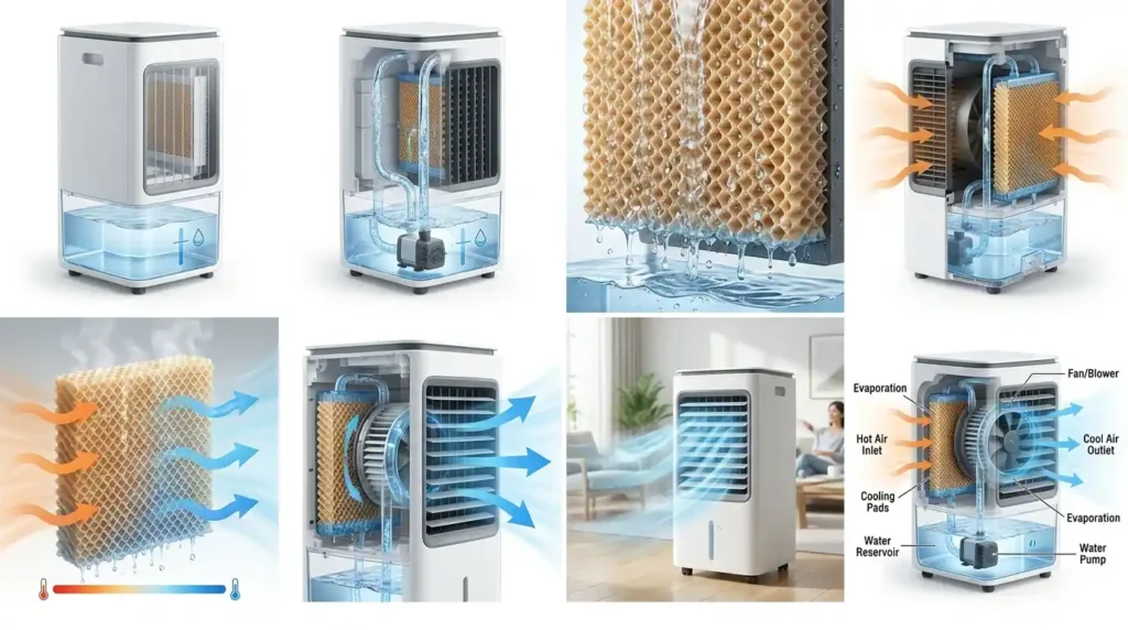 Step-by-step visual diagram showing how an air cooler works, including the water tank, pump, wet honeycomb cooling pads, evaporation process, airflow movement, fan operation, and cool air delivery into a room.