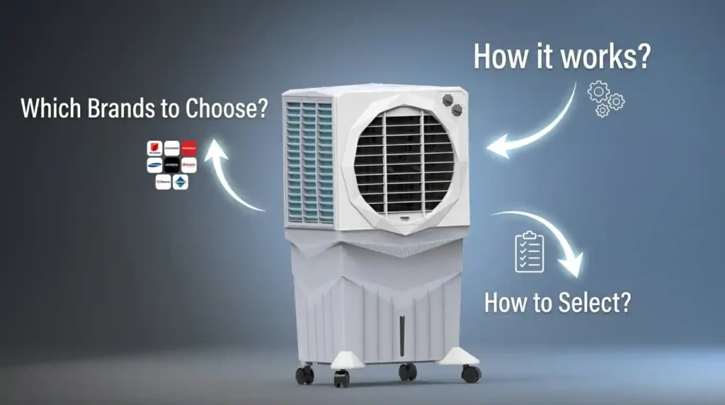 Large desert air cooler with visual callouts explaining how it works, how to choose the right model, and popular brands to consider.