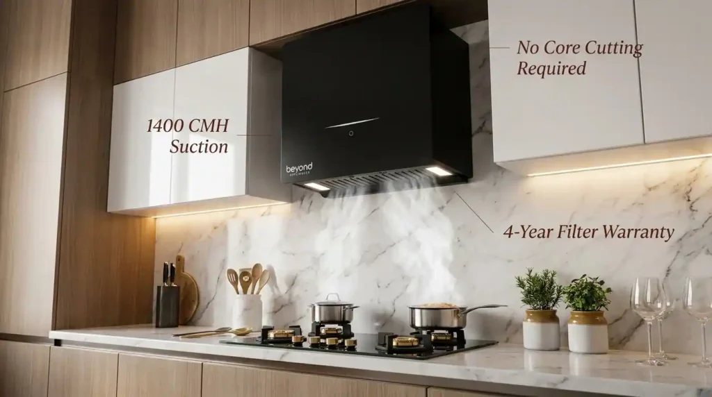 Beyond Appliances Plug N Play ductless kitchen chimney installed in a modern modular kitchen with 1400 CMH suction, no duct pipe, and 4-year filter warranty.