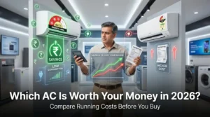 Homeowner calculating air conditioner operating costs while reviewing an electricity bill in a modern bedroom.