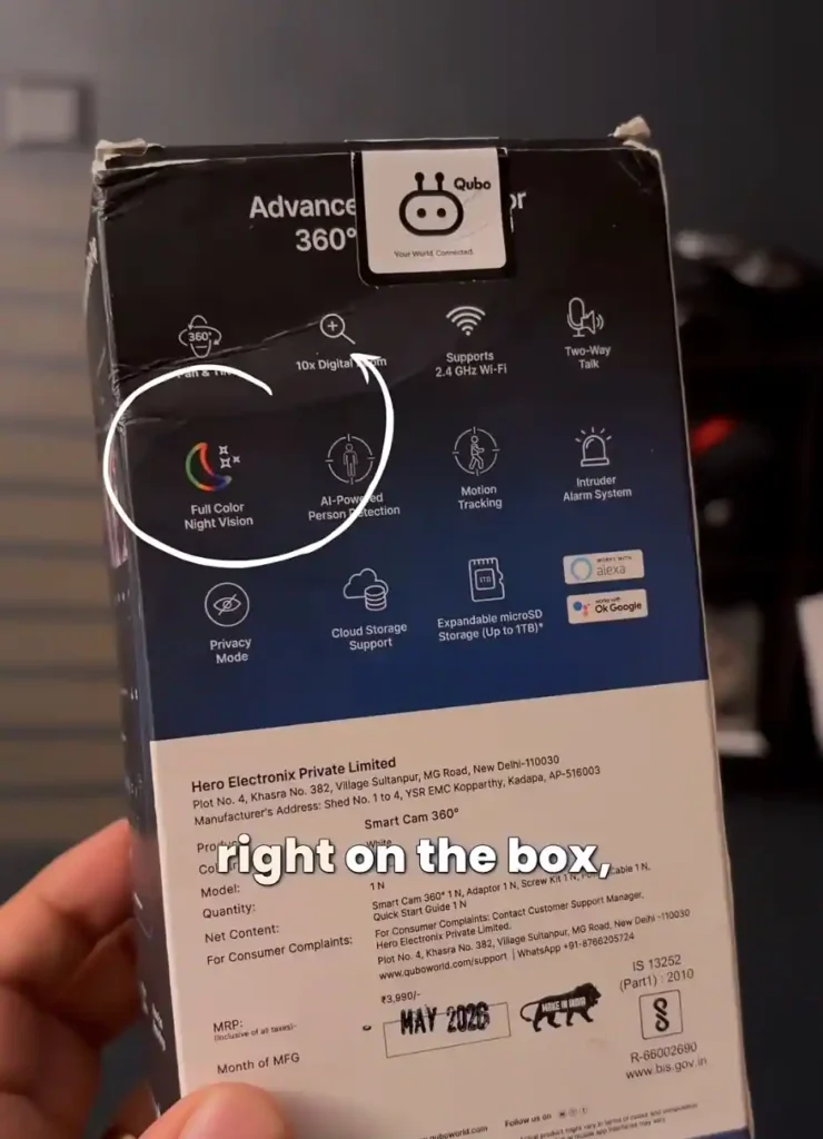 Back of the smart security camera retail box showing printed features, including a highlighted full-color night vision claim.