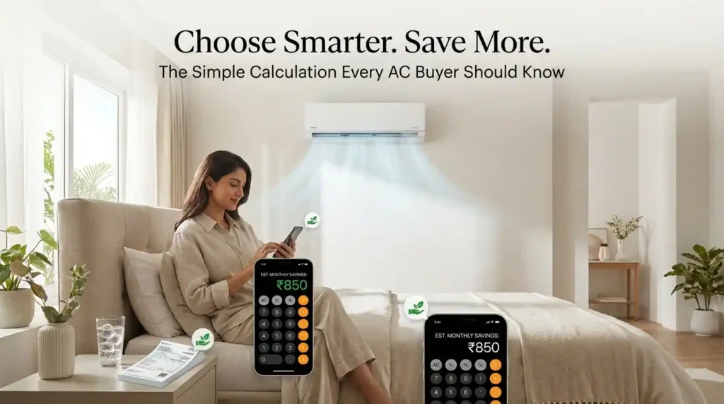 Homeowner calculating air conditioner running costs in a comfortable, cool bedroom.