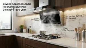 Beyond Appliances Plug N Play ductless kitchen chimney installed in a modern modular kitchen with 1400 CMH suction, no duct pipe, and 4-year filter warranty.