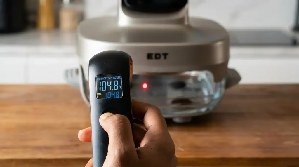 Hand holding an infrared thermometer measuring the surface temperature of a glass air fryer oven during a heat performance test.